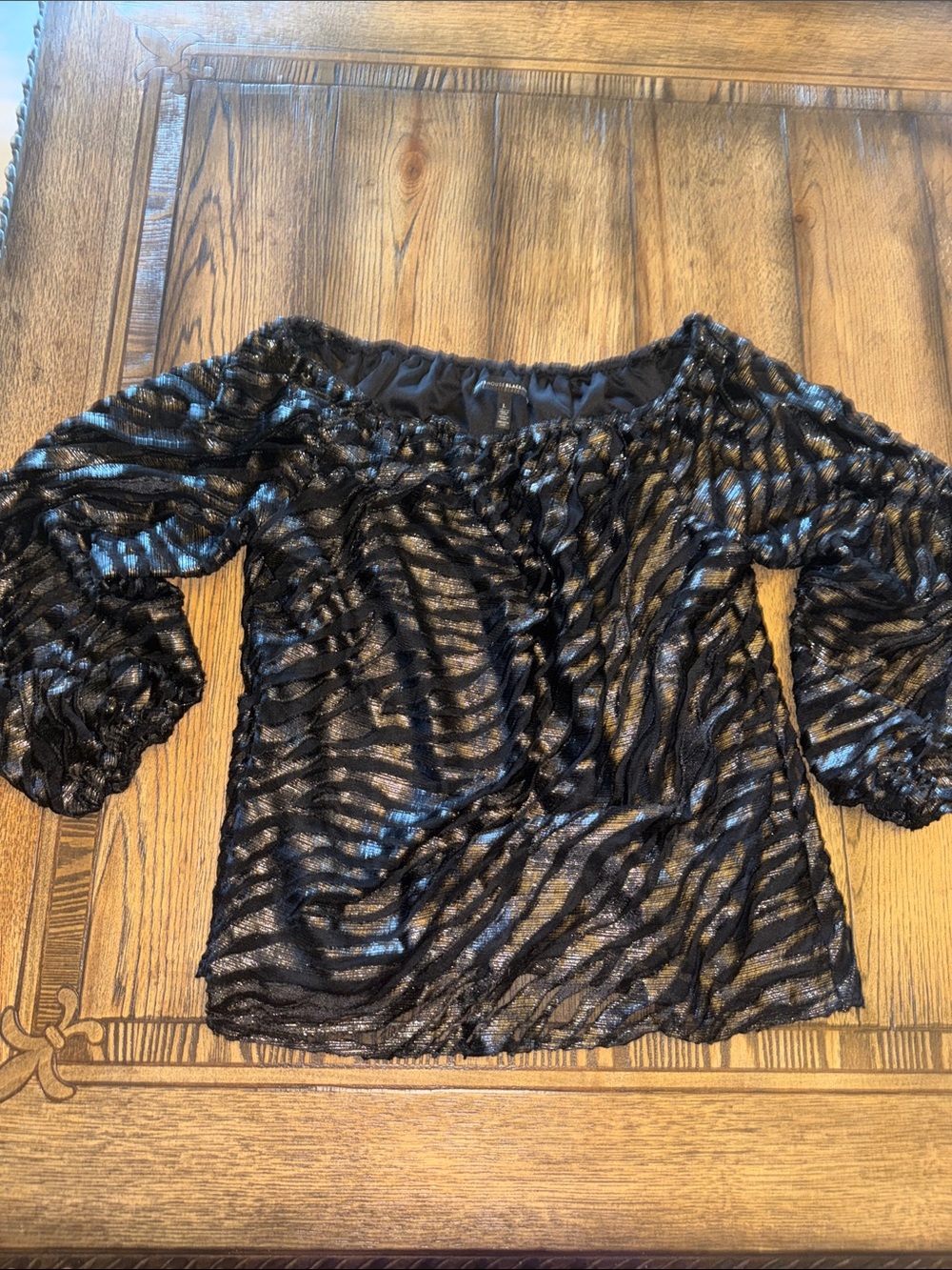 White House Black Market Black and Silver Metallic Zebra-Stripe Off-Shoulder Top